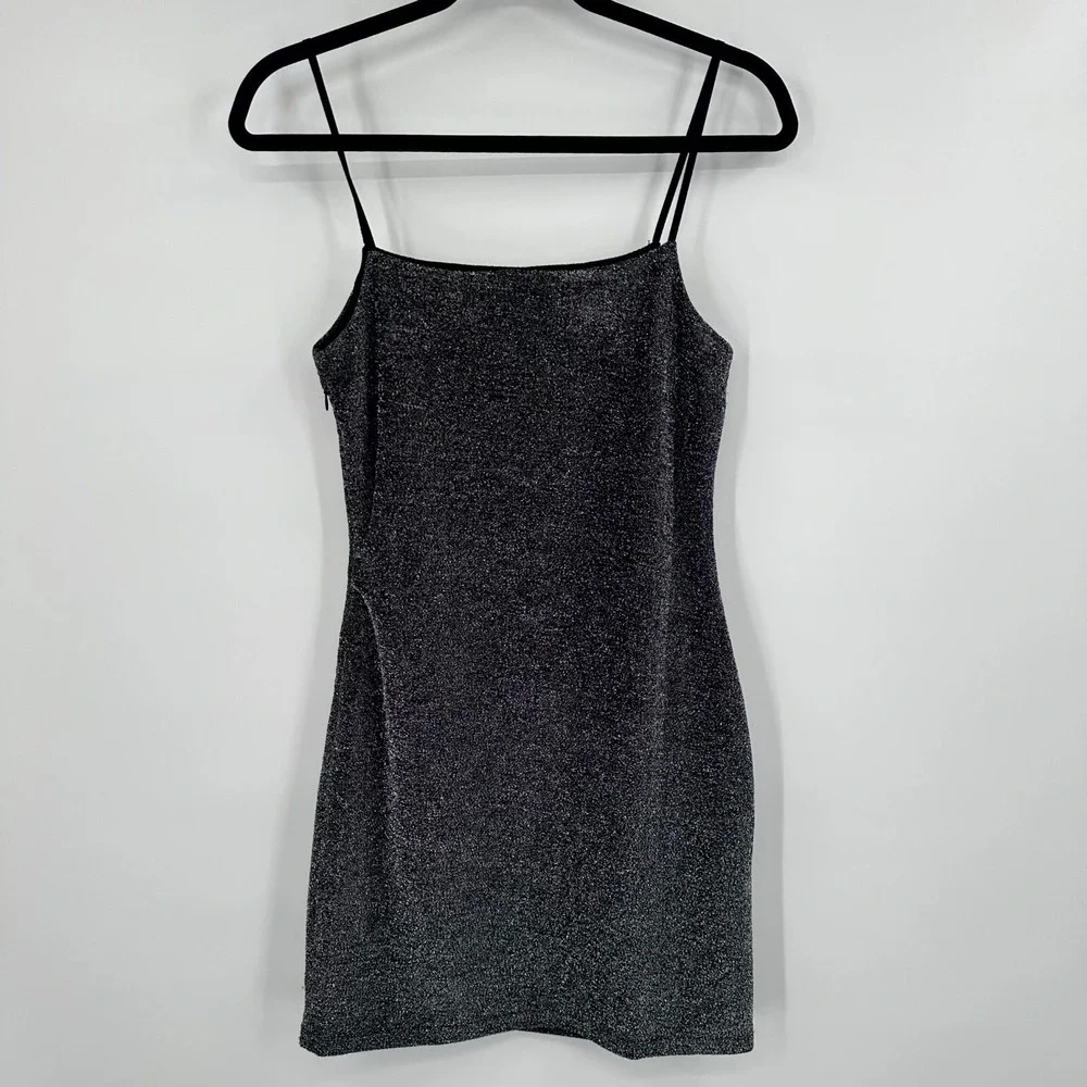 Lulu's Sparkly Mini Dress Womens Medium Black Silver Side Zipper Spaghetti Strap